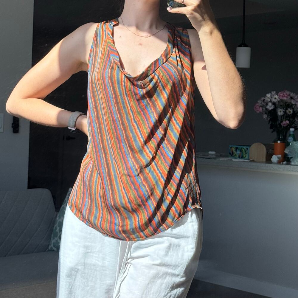 Haute Hippie 100% Silk Draped Cowl Neck Tank Top Blouse Striped Multicolor Sz S